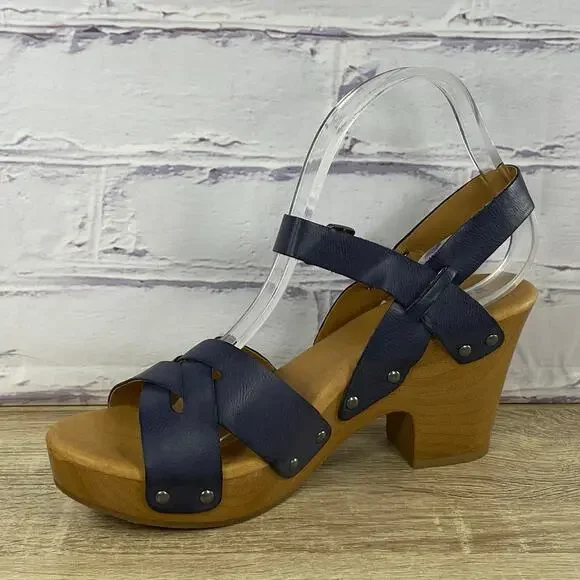 Korks Bagley Platform Chunky Heel Sandals Women's Size 9 Slingback Dark Blue - Picture 6 of 9